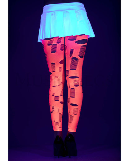 Neon Pink Tattered and Cut Out Footless Leggings