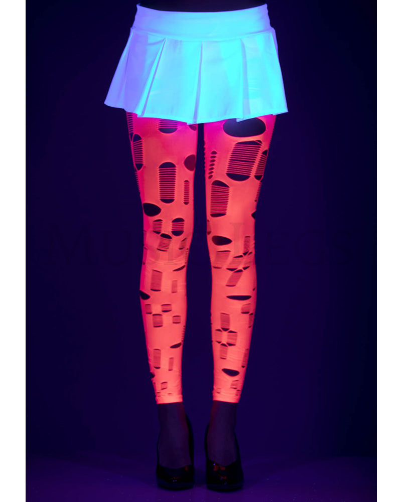 Neon Pink Tattered and Cut Out Footless Leggings
