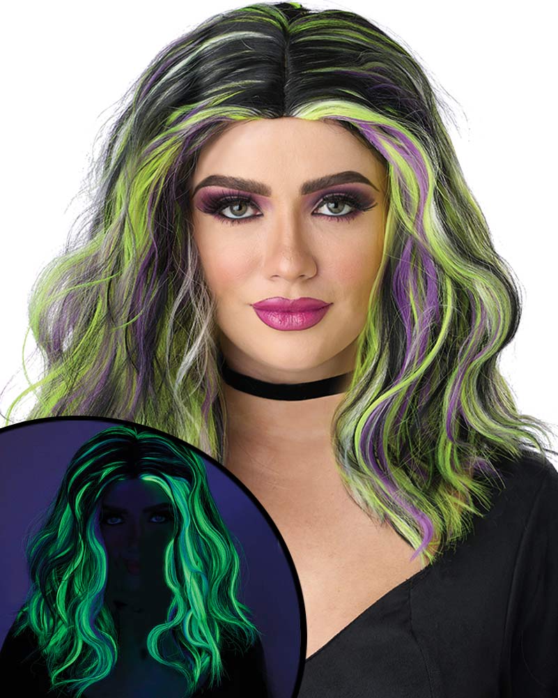 Neon Streaks Green and Black Wig