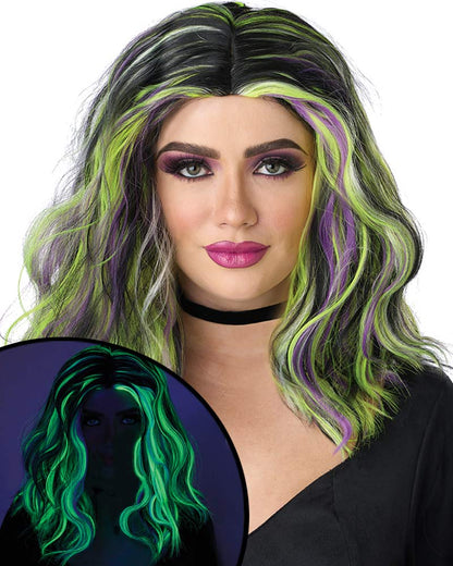 Neon Streaks Green and Black Wig