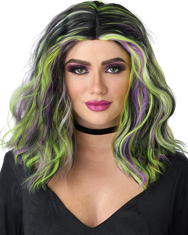 thumbnail image 2 of HPO Narcissistic Witch Half Up Wig, Black Hair With White Streaks, Halloween Costume, Women's One Size 2 of 6