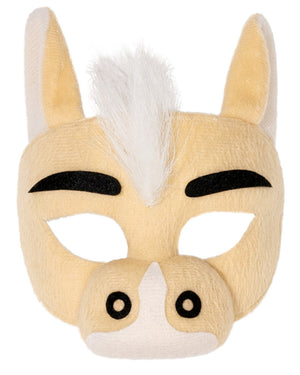 A beige and white colored Bronco mascot half mask with black eye openings, designed for kids.