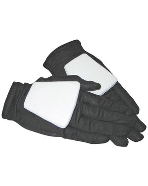 Pair of black gloves with white lining on a white background