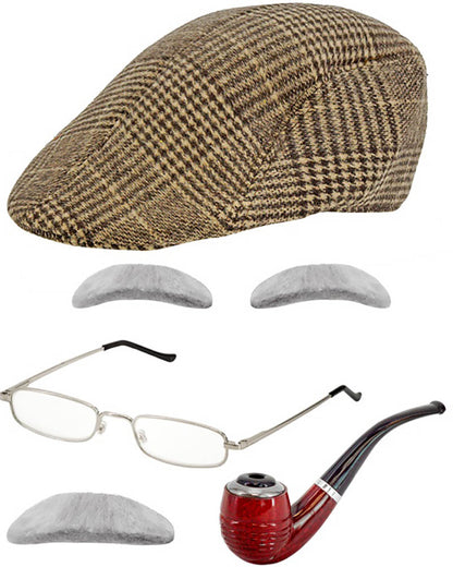 Old Man Coppola Cap Eyebrows Moustache Glasses and Pipe Set