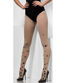 Beige tights with black spider pattern worn by a model on a white background
