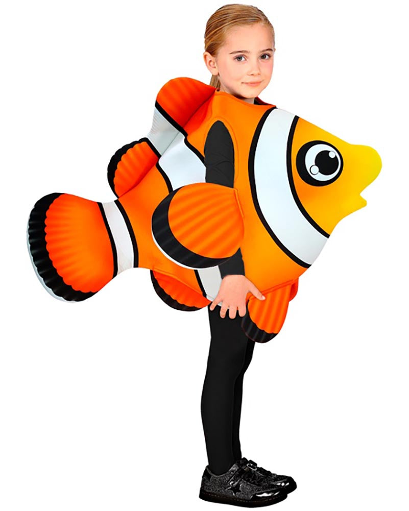 Child wearing a clownfish costume on a white background