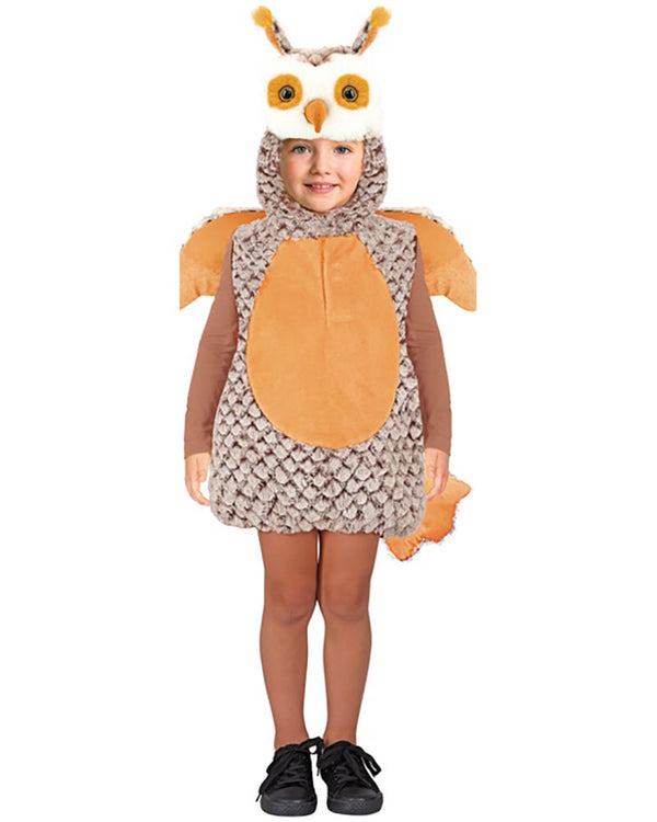 Child wearing an owl costume on a white background