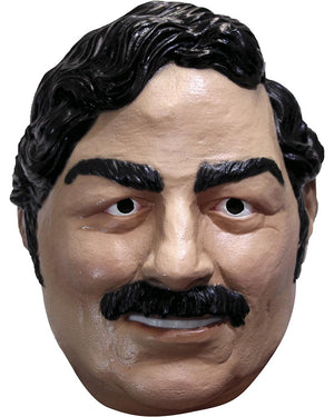 Mask with a person's face featuring black hair and mustache on a white background