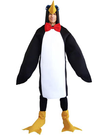 Person wearing a penguin costume with a red bow tie on a white background