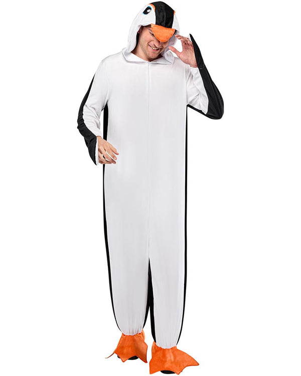Person wearing a penguin onesie on a white background
