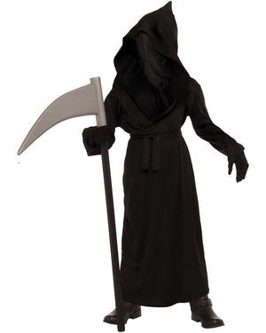 Black hooded costume with a scythe on a white background