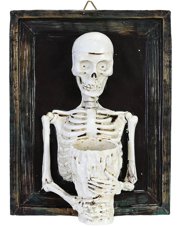 Skeletal figure in a dark wooden frame