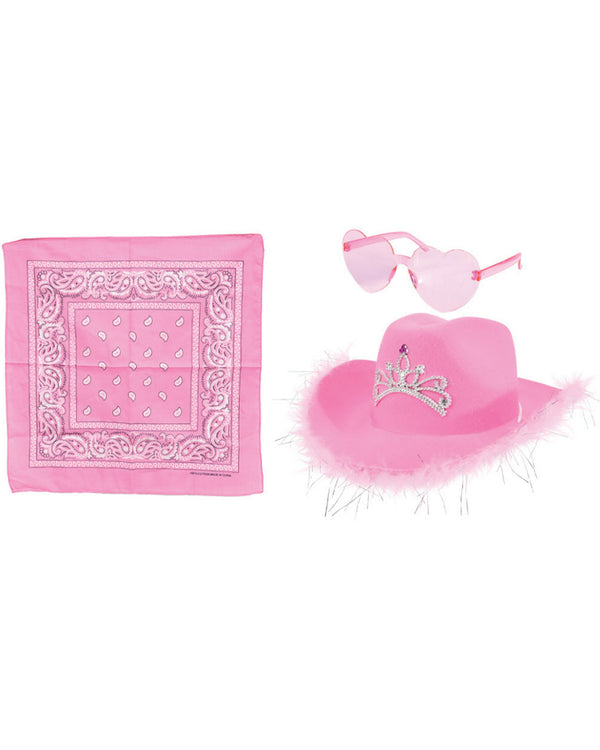 Pink Cowgirl Hat Bandana and Heart Glasses Set