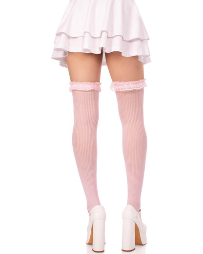 Pink Lace Garter Top Sheer Striped Thigh High Stockings with Pink Satin Bow