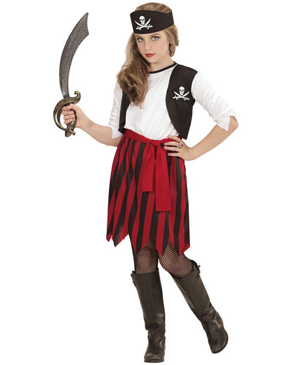 Child in a pirate costume holding a sword on a white background