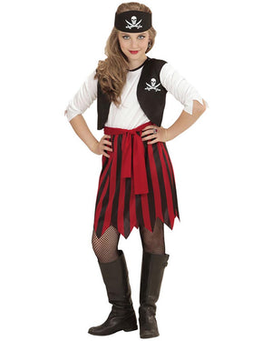 Pirate costume with black and red striped skirt, white shirt, and brown boots on a white background
