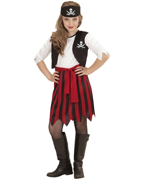 Pirate costume with black and red striped skirt, white shirt, and brown boots on a white background