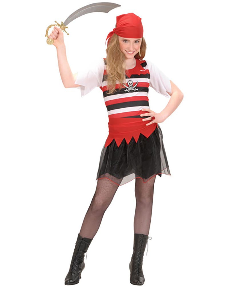 Person in a pirate costume holding a sword on a white background