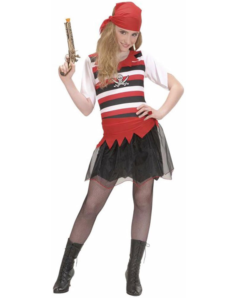Person wearing a pirate costume with a red bandana, striped shirt, and black skirt on a white background.