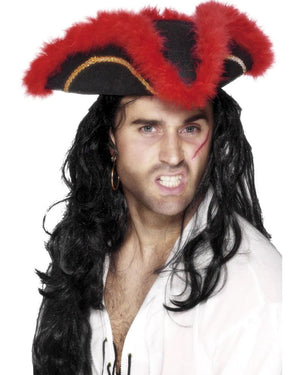Pirate Red Feather Tricorn Hat