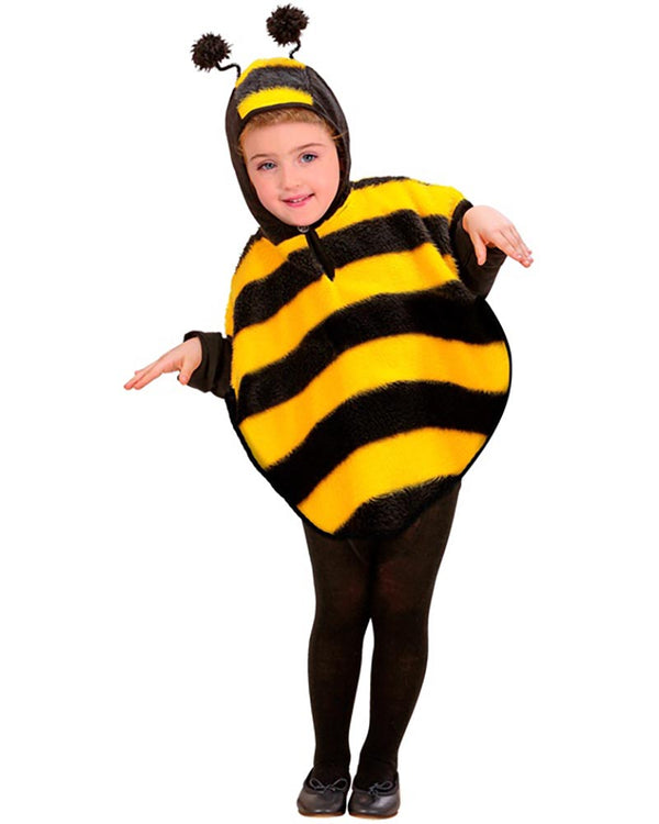 Child wearing a bee costume with black and yellow stripes on a white background