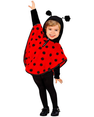Child wearing a ladybug costume with a red body and black spots on a white background