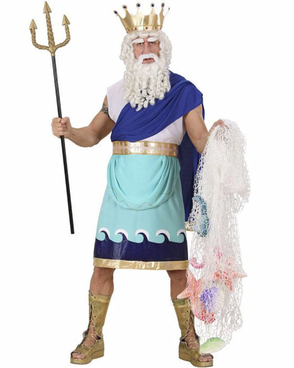 Person in a Poseidon costume holding a trident and net on a white background
