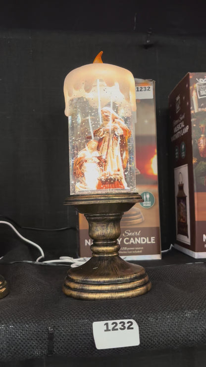 Nativity Pedestal Candle Glitter Swirl Christmas Decoration 28cm