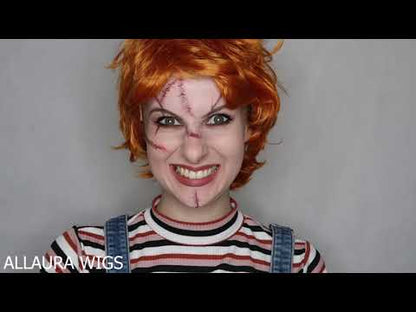 Evil Doll Short Orange and Red Wig with Scar Tattoos Set
