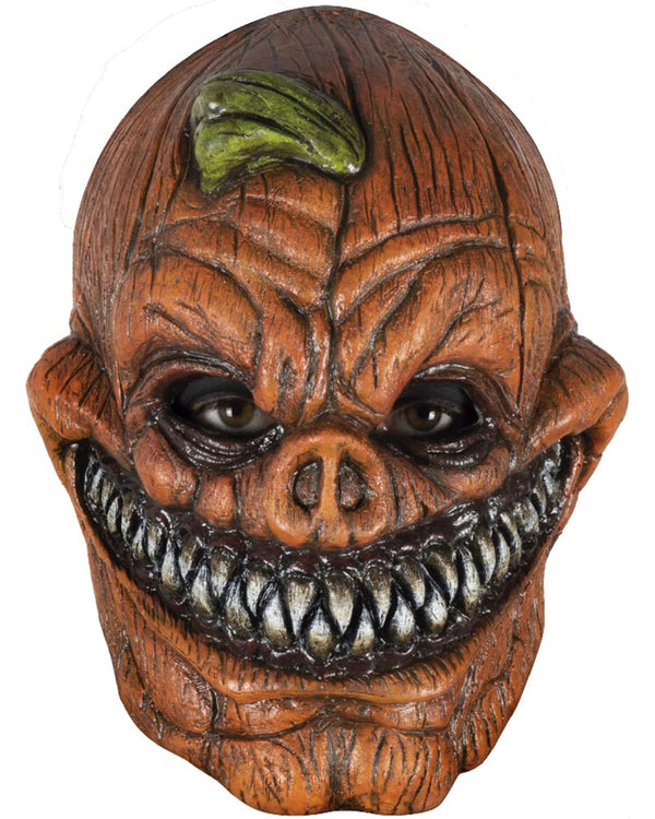 Evil orange pumpkin mask with textured detail on a white background
