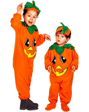 Two children wearing pumpkin costumes on a white background