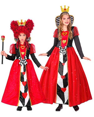 Two people wearing red, black, and white costumes with crowns on a white background
