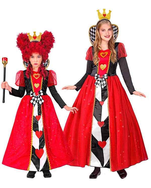 Two people wearing red, black, and white costumes with crowns on a white background