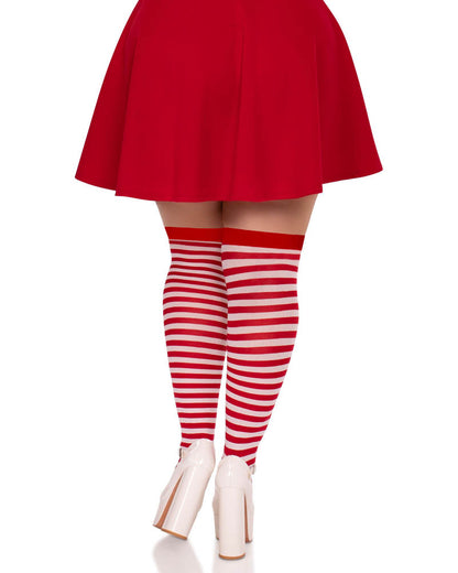 Red and White Stripe Plus Size Thigh High Tights