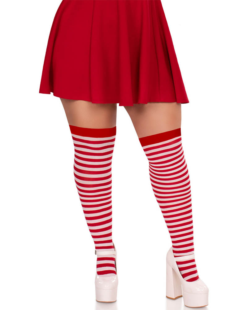 Red and White Stripe Plus Size Thigh High Tights