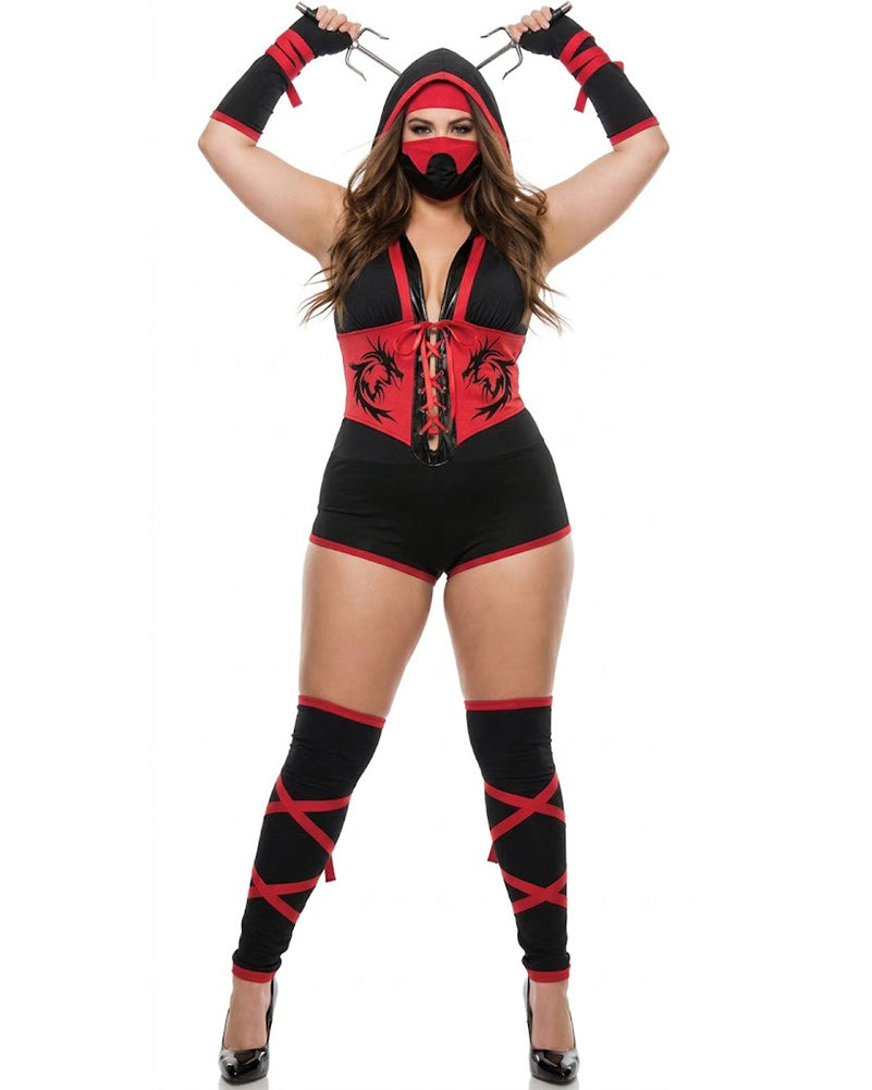 Woman wearing a black and red costume with a hood and mask on a white background