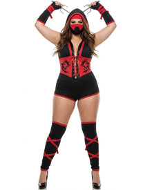Woman wearing a black and red costume with a hood and mask on a white background