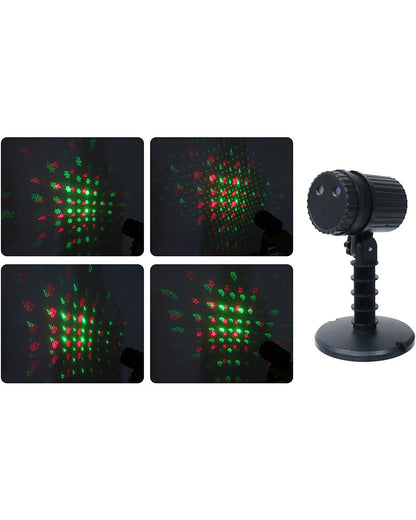 A black portable laser projector on a stand shown next to four inset images demonstrating its red and green light projection patterns on a dark surface.