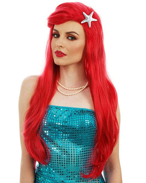 Premium Mermaid Long Red Wig with Starfish Hair Clip