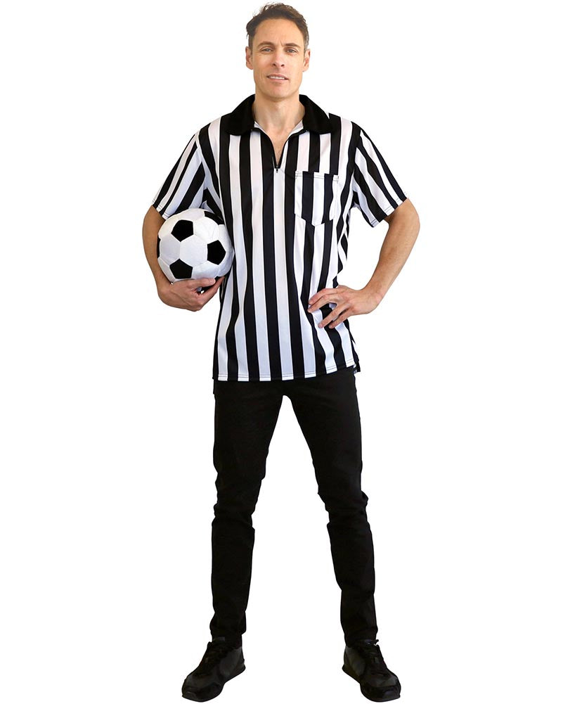 Person wearing a black and white striped referee shirt holding a soccer ball on a white background