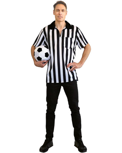 Person wearing a black and white striped referee shirt holding a soccer ball on a white background