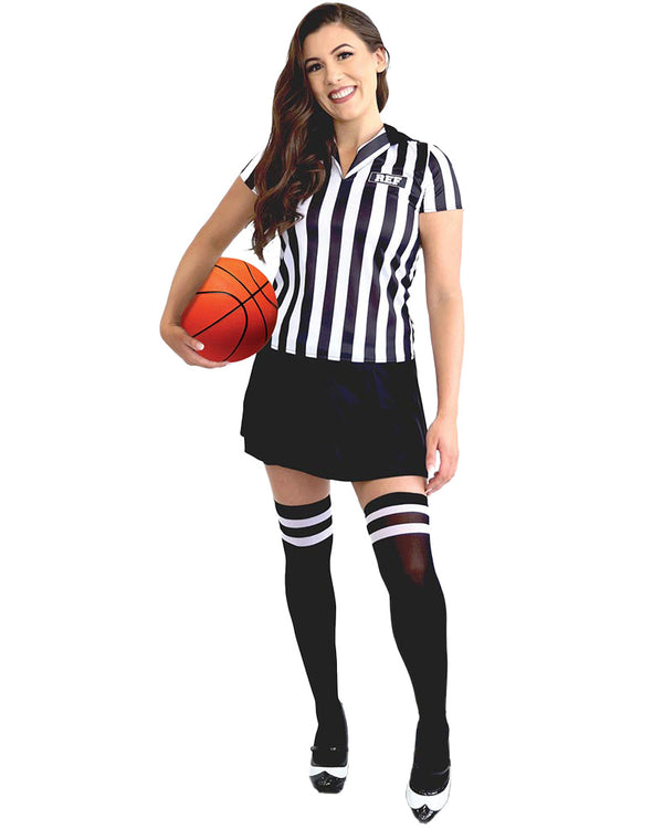 Person wearing a referee costume holding a basketball on a white background