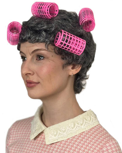 Retro Housewife Short Grey Wig with Curlers