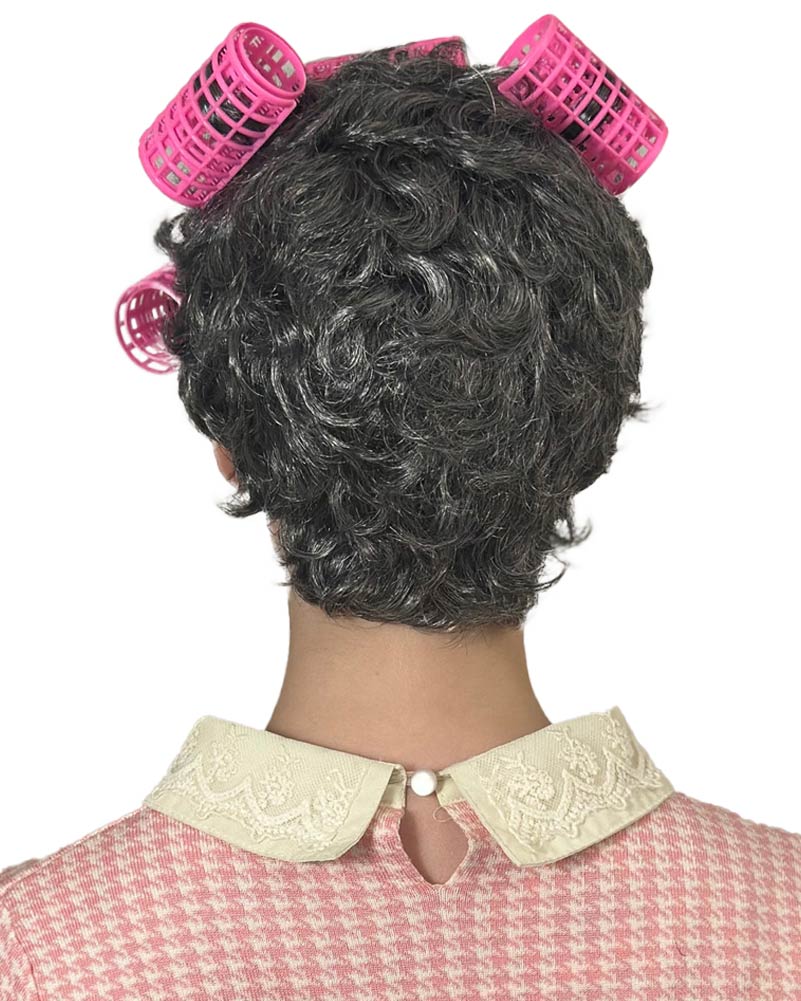 Retro Housewife Short Grey Wig with Curlers