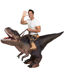 A person wearing an inflatable Tyrannosaurus Rex costume with printed brown T-rex detail and scales. The costume includes attached reigns and faux legs at the waist.