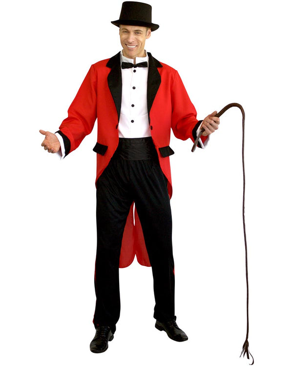 Man wearing a red and black circus ringmaster costume with a top hat and whip on a white background