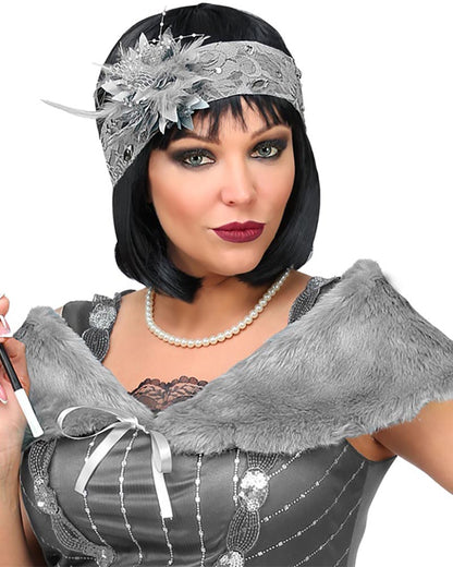 Roaring 20s Flapper Faux Fur Stole and Lace Headband
