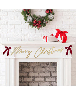 Santa Baby Gold Merry Christmas Card Banner With Velvet Bows 2m