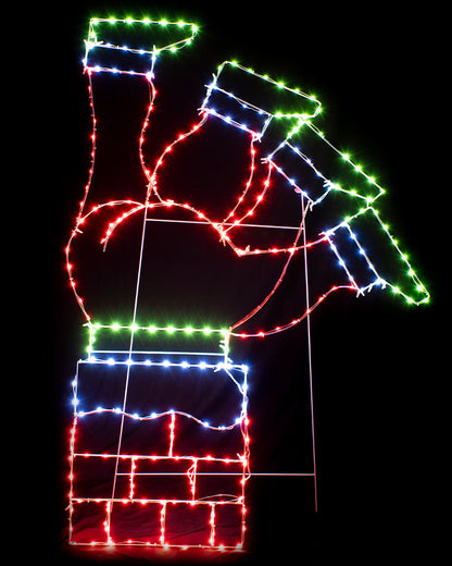 A Christmas light decoration shaped like a hand holding a hammer, outlined with red, green, blue, and white LED lights against a solid black background.
