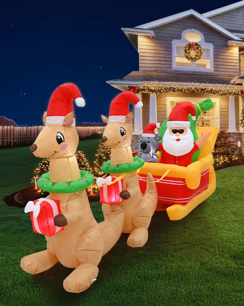 Santa Koala Sleigh 2 Kangaroos Christmas Lawn Inflatable 3m
